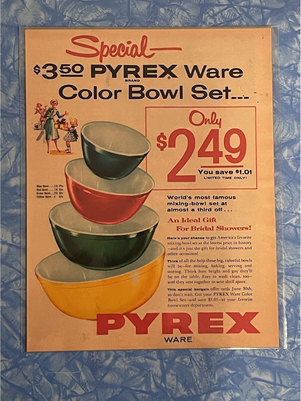 Pyrex Color Bowl PRINT 8.5"x11" Ad Sign Poster Promo Vintage Colour Set Stacking
